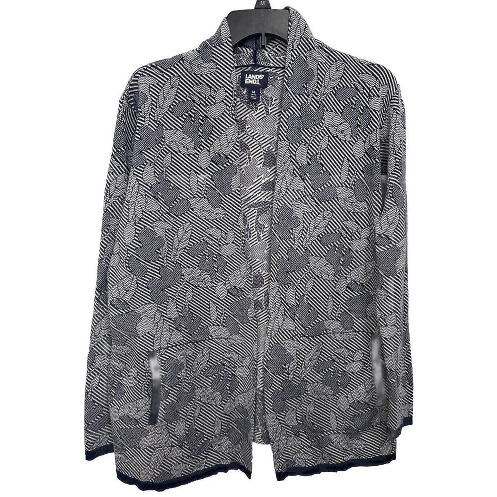 Lands' End Women's Medium Floral Jacquard Striped Pattern Cardigan Deep Sea Navy